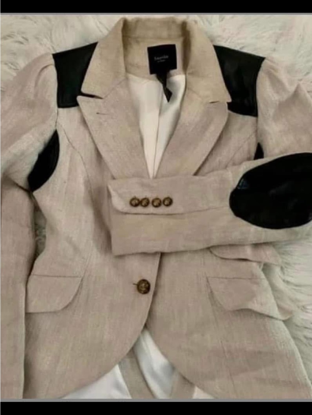 Smythe Beige Blazer with Black Leather Shoulder & Elbow Accents